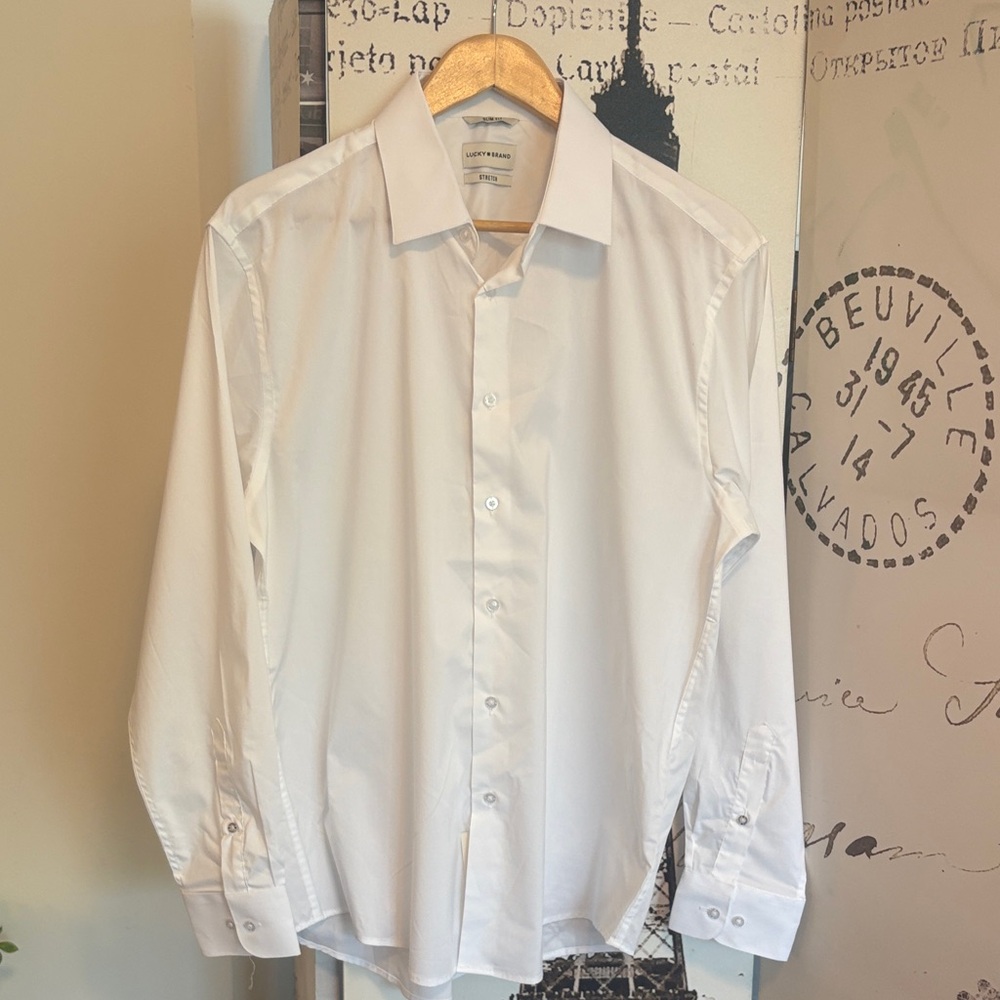 Lucky Brand Men’s Classic White Dress Shirt Size Large Slim Fit With Stretch